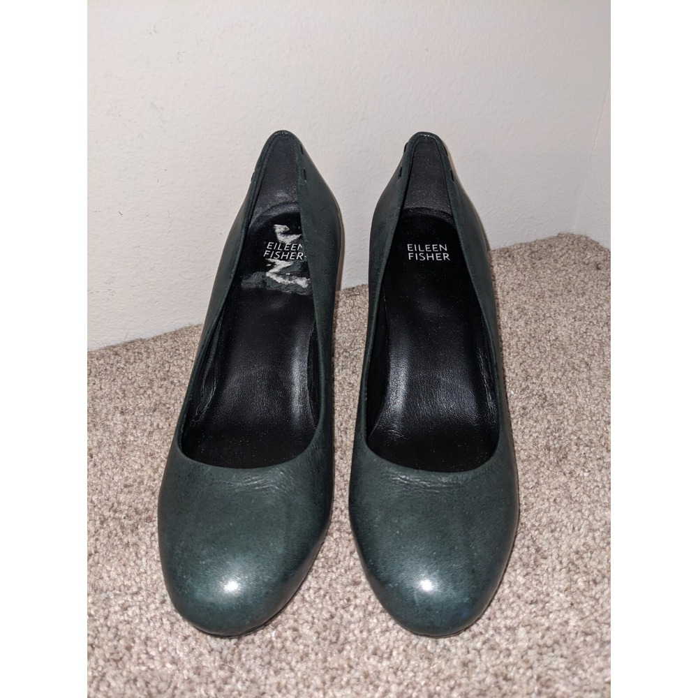 Eileen Fisher Slate Gray Leather Round Toe Block Heel Classic Pumps Size 7 NEW - Picture 3 of 10